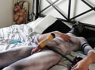 Pup wearing petsuit cums big using Venus 2000 milker