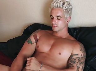 masturbieren, blasen, homosexuell, blondine, hintern, allein, muskulös, tattoo, neckend