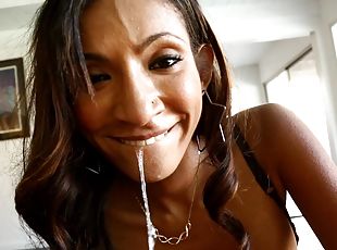 Sadie Santana likes sticky man juice for her doll face and open mouth