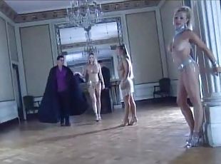 Four horny babes have fun with two guys in the castle