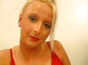 Smutty blonde showered with cum on her face pending a fascinating throbbing
