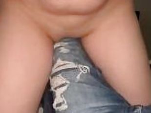 Submissive slut grinds on daddy’s leg in jeans