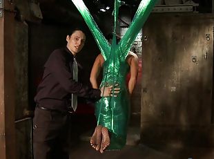 Slave girl London River gets tied up with nylon and enjoys it