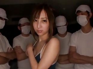Asian hottie oiled up by a group of fuckers