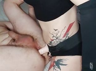 girl with tattoo and piercing fucks guy in the ass, Real video, homemade
