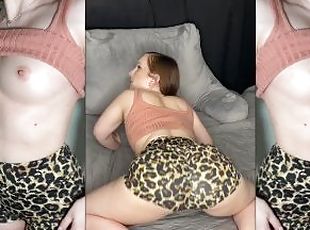 Split screen JOI with dildo BJ in sexy gym outfit leopard yoga shorts and crop top