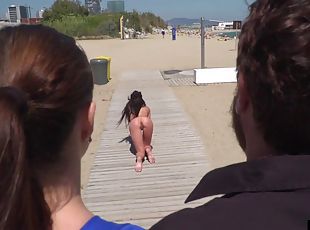 Scandalous slut walks naked outdoor in front of people