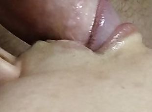 CLOSE UP:  blowjob with cum on lips and tongue