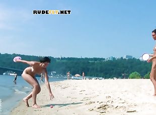 nudiste, en-plein-air, lesbienne, plage, adorable, brunette