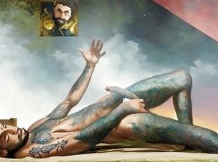 Tattooed hippie masturbating passionately in outer space