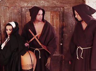 Threesome fucking with a sexy nun ends with a double facial