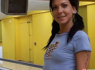At a public bowling alley a daring teen fuck her toy