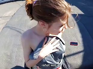 Public Tit Flashing - Blowjob with full eye contact and cum walk on tits