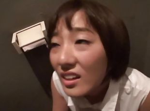 Short haired Japanese Sawamura Nagisa sucks dick in a public toilet