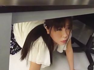 Cock hungry Japanese girl goes under the table to give head