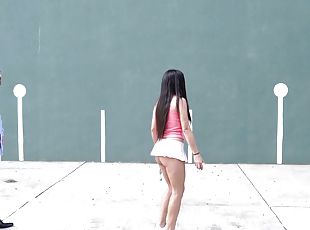 Striking tennis player with big tits agrees to rough pounding at the field