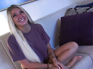 Blonde Kitty moans while getting fucked hard on the sofa - HD