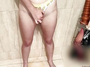 Renea wets her knickers and pisses on the floor in the shower while rubbing her clit (yellow pee)