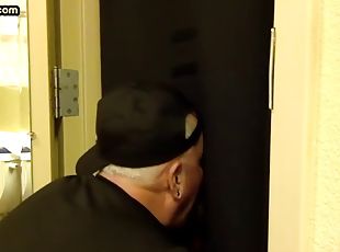 Gloryhole blowjob, dilfa sucks cock with eager mouth near the toilet
