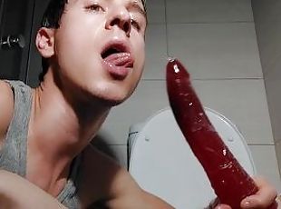 Teen dildo sucking boy whore, jerks off his dick on the toilet, eats sperm & pushes some in the ass