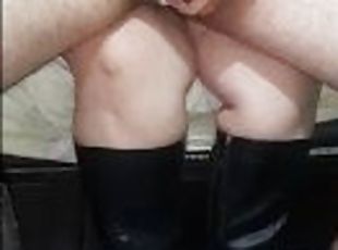 Bootjob & handjob with new black leather boots by bbw stepmother until cumshot sitting in her legs