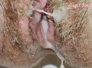 Creampied Hairy pussy dripping cum and peeing  Great Close Up POV