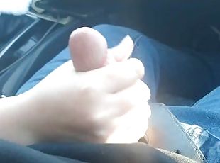 Sneaky handjob in the car, almost got caught