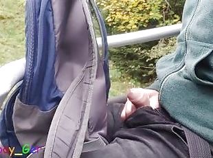 I play with my soft cock in a driving chairlift in the Bavarian Alps. Public fun outside.